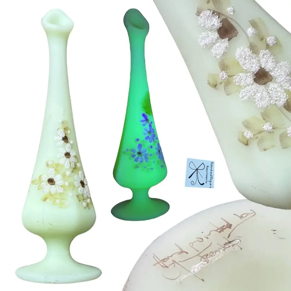 Fenton Signed Handpainted Floral Satin Glowing Custard Glass Bud Vase